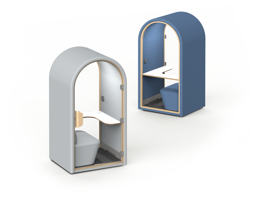 entryway to ARC Pod soundproof phone booth with soft-touch arch and customizable colors