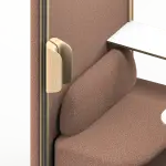 ARC Pod phone booth with iconic curved arch, luxury wood-effect roof, and designer fabric